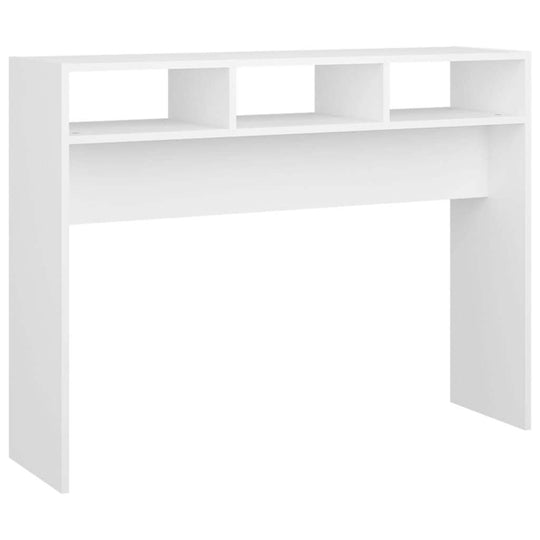 Console Table  105x30x80 cm Engineered Wood in white color with open shelves for storage.