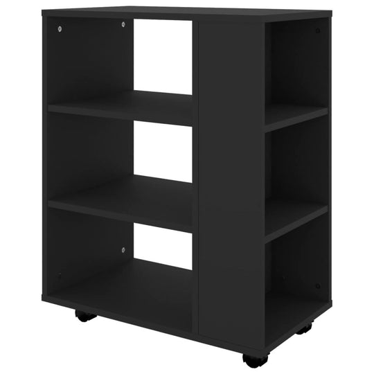 Black rolling cabinet with open shelves, made from engineered wood, 60x35x75 cm, featuring lockable castors for mobility.