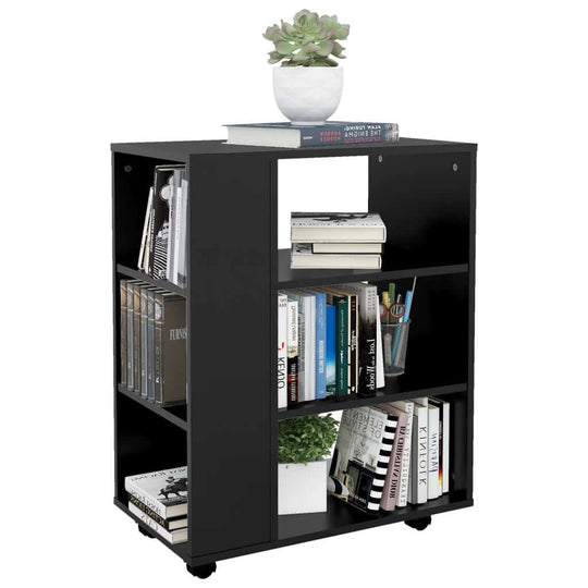 Modern black rolling cabinet with shelves, plants, and books for versatile storage and workspace organization.