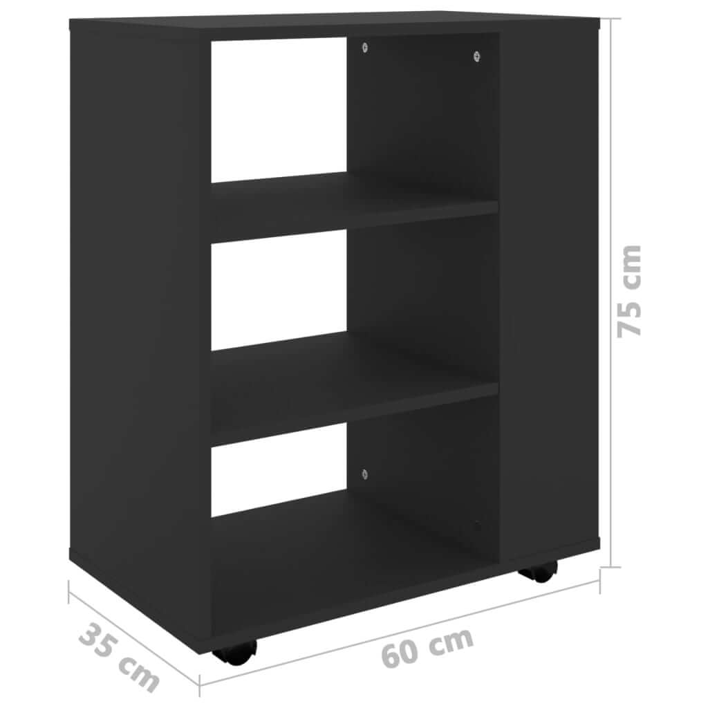 Rolling cabinet in black, made of engineered wood, dimensions 60x35x75 cm, with three shelves and lockable castors.