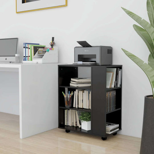 Rolling cabinet in black with printer, books, and office supplies, demonstrating modern style and mobility for workspace organization.