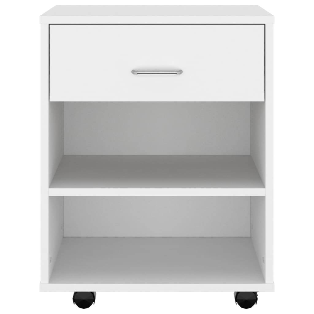 White rolling cabinet with one drawer and two shelves, made of engineered wood, ideal for storage and easy mobility.