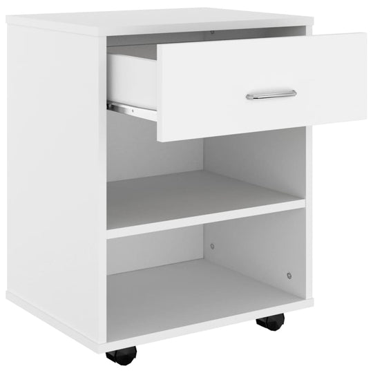 Rolling cabinet in white engineered wood with an open drawer, featuring shelves and castors for mobility, ideal for home or office use.