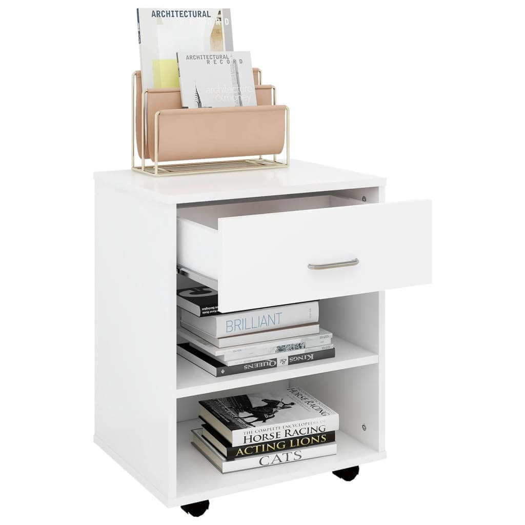 Rolling cabinet in white with one drawer and shelves for storage, perfect for home office or lounge furniture.