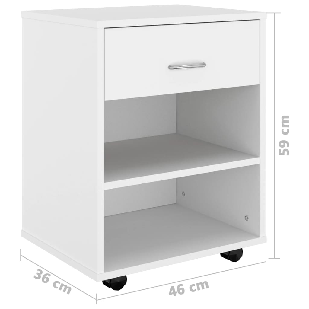 White rolling cabinet with one drawer and two shelves, dimensions 46x36x59 cm, made of engineered wood, ideal for furniture storage.