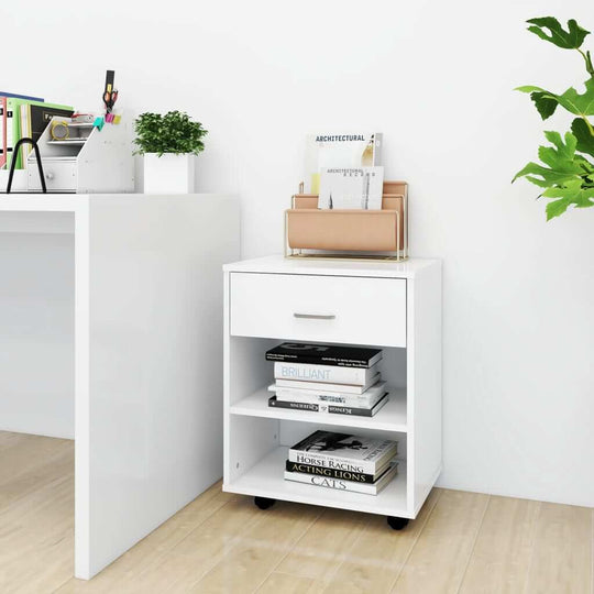 Modern white rolling cabinet with drawer and open shelves, ideal for home office storage and organization.