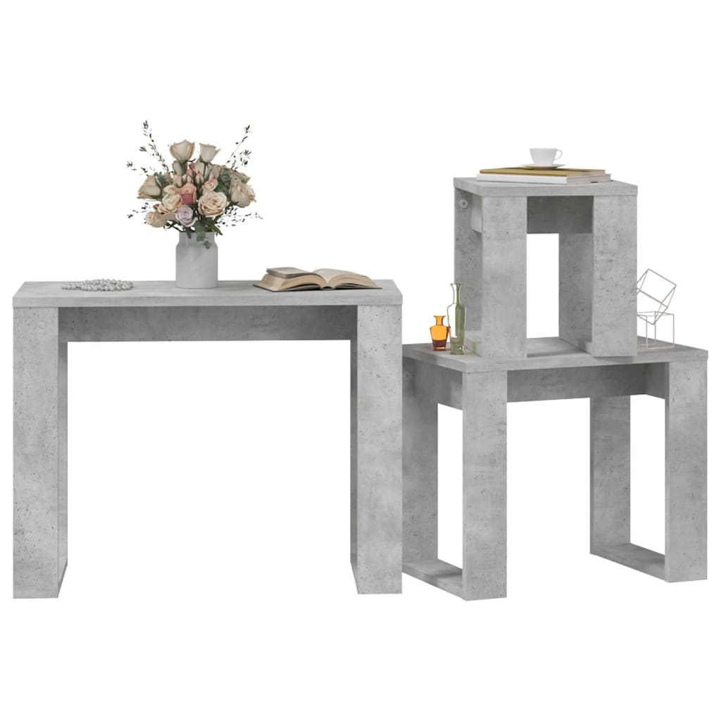 Nesting Tables 3 pcs Concrete Engineered Wood arranged with flowers, books, and decor for modern living spaces.
