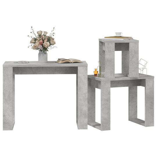 Nesting Tables 3 pcs Concrete Engineered Wood arranged with flowers, books, and decor for modern living spaces.