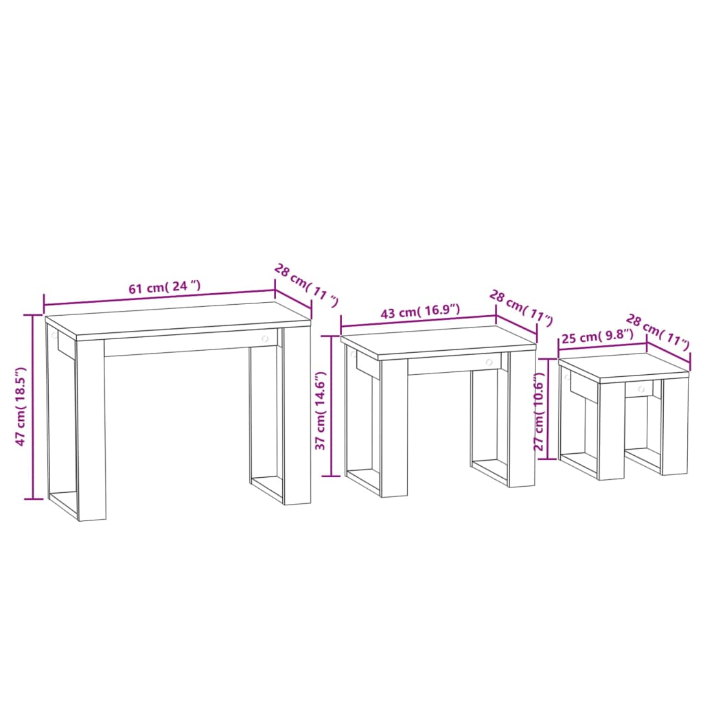 Nesting Tables 3 pcs Concrete Engineered Wood dimensions diagram showing sizes and measurements.