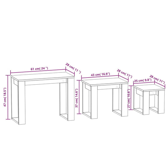 Nesting Tables 3 pcs Concrete Engineered Wood dimensions diagram showing sizes and measurements.
