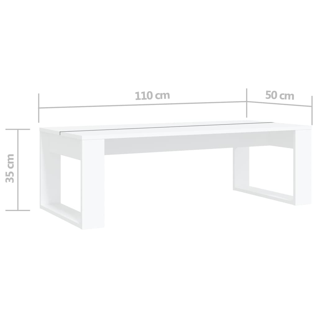 Coffee Table  110x50x35 cm Engineered Wood - Cherryfurnie LLC This coffee table is perfect for keeping your drinks close at hand or displaying books and decorations. Its sturdy tabletop securely holds drinks, food, and other necessities and can be easily cleaned with a damp cloth. Note: The table top is composed of 2 boards. Colour: White Material: Engineered wood Dimensions: 110 x 50 x 35 cm (L x W x H) Assembly required: Yes  Furniture -> Tables -> Accent Tables -> Coffee Tables #