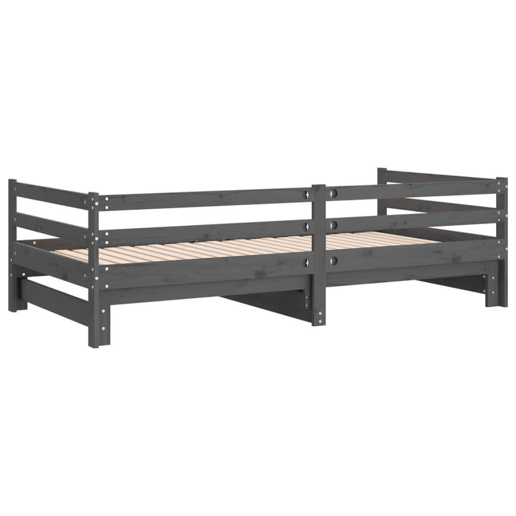 Grey wooden pull-out day bed without mattress, versatile for day use as a sofa or night use as a bed. Ideal for guests.