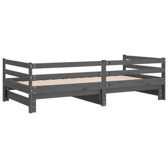 Grey wooden pull-out day bed without mattress, versatile for day use as a sofa or night use as a bed. Ideal for guests.