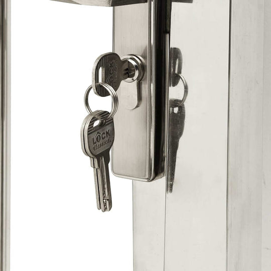 Stainless steel garden gate lock with keys for secure outdoor entry.