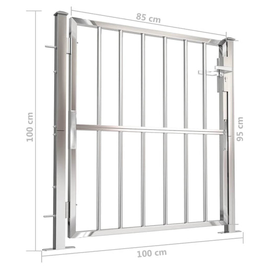 Stainless steel garden gate 100x100 cm with dimensions and sturdy design for outdoor spaces and patios.