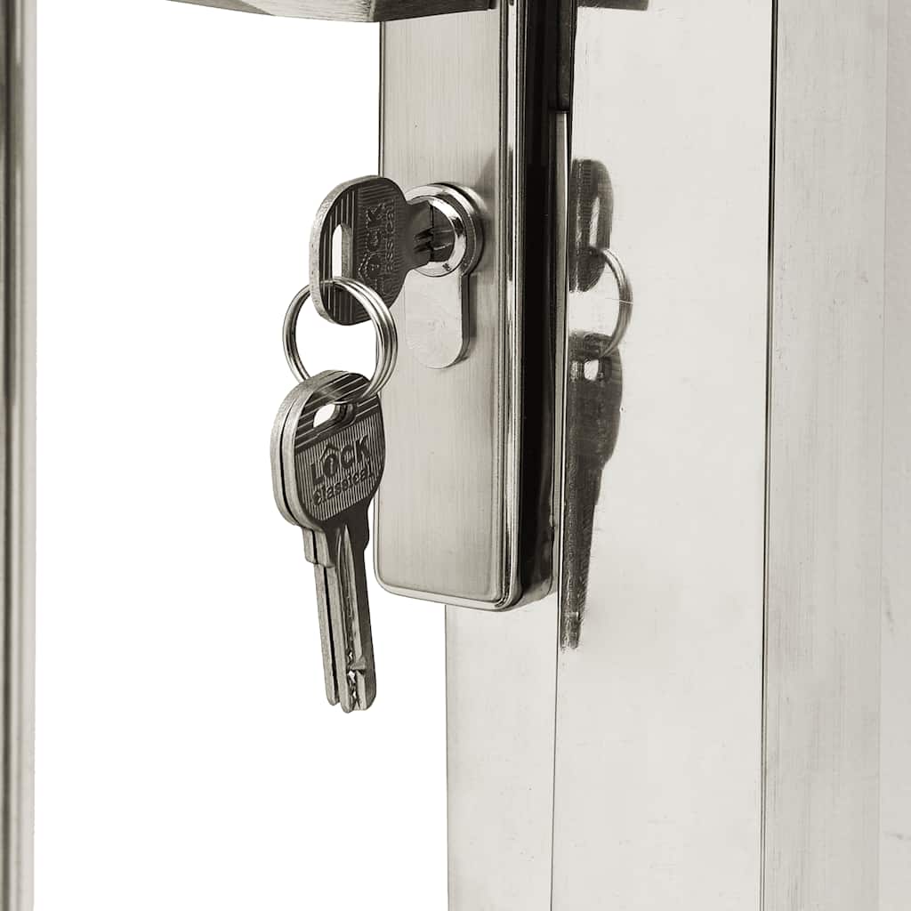 Close-up of lock and keys on Garden Gate 100x120 cm Stainless Steel, showing durable and rust-resistant material for security.