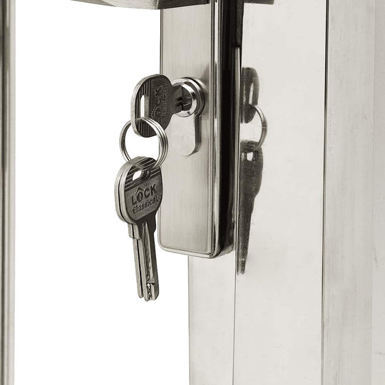 Close-up of lock and keys on Garden Gate 100x120 cm Stainless Steel, showing durable and rust-resistant material for security.