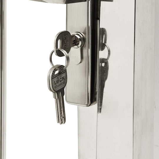 Lock and keys of Garden Gate 100x175 cm Stainless Steel showcasing security and durability features.