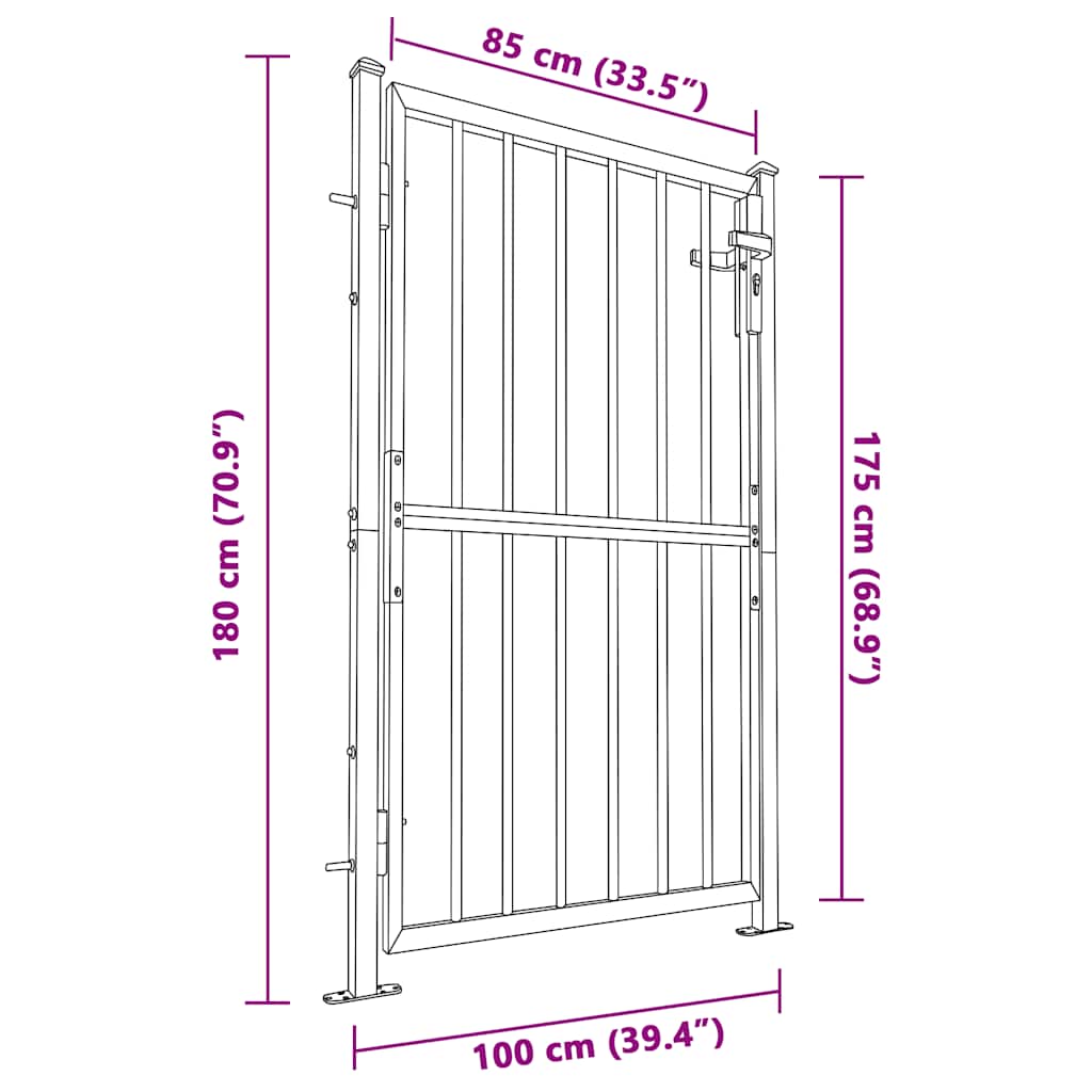 Diagram of Garden Gate 100x175 cm Stainless Steel with dimensions indicated, highlighting durable construction and easy installation.