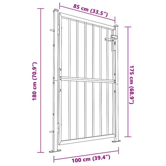 Diagram of Garden Gate 100x175 cm Stainless Steel with dimensions indicated, highlighting durable construction and easy installation.