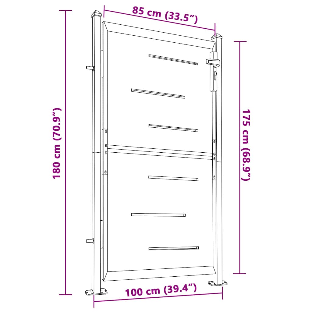 Garden Gate 100x175 cm Stainless Steel illustration with dimensions and sturdy hinges for installation.