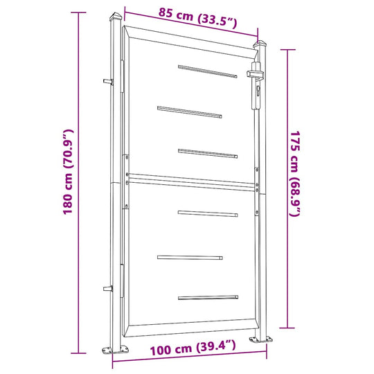 Garden Gate 100x175 cm Stainless Steel illustration with dimensions and sturdy hinges for installation.