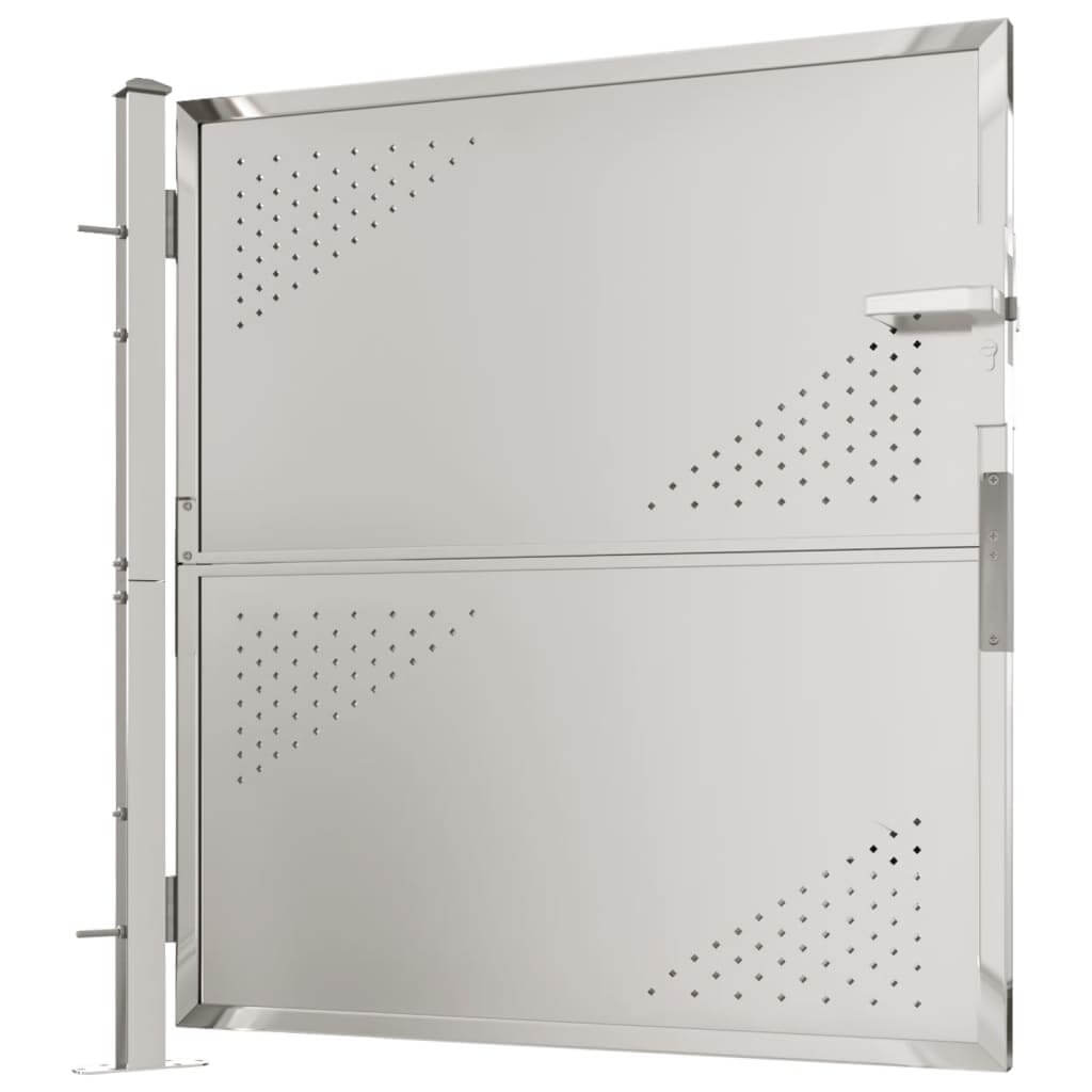 Contemporary stainless steel garden gate, perfect for outdoor spaces and patio furniture, durable and rust-resistant.