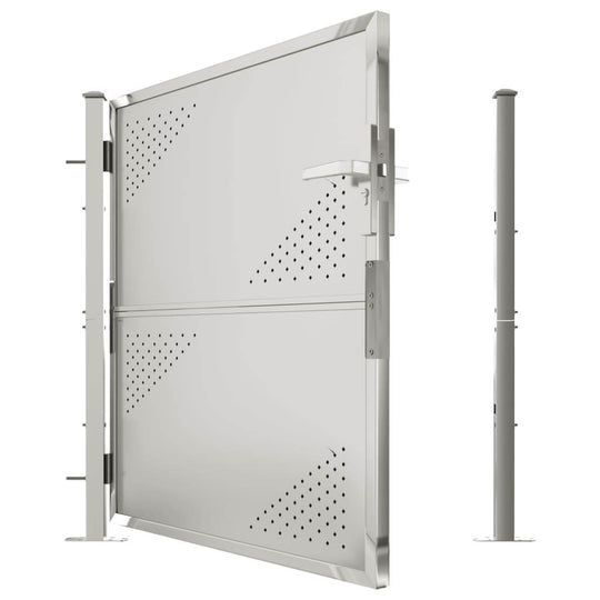 Contemporary stainless steel garden gate with sturdy hinges, ideal for outdoor living spaces and garden furniture setups.