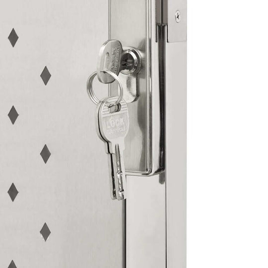 Close-up of the stainless steel garden gate lock with key, designed for secure outdoor spaces.