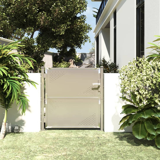 Contemporary stainless steel garden gate for outdoor living space, featuring durable design and secure entryway.