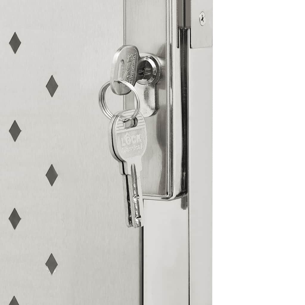 Close-up of lock and key on Garden Gate 100x120 cm Stainless Steel, showcasing rust-resistant material and contemporary design.