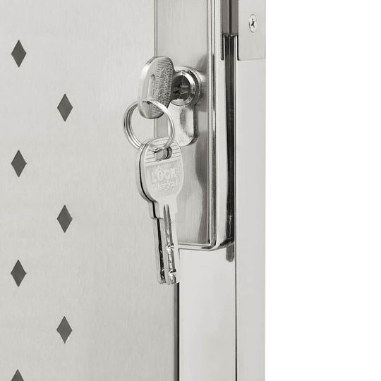 Close-up of lock and key on Garden Gate 100x120 cm Stainless Steel, showcasing rust-resistant material and contemporary design.