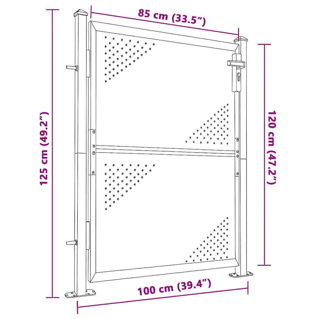 Garden Gate 100x120 cm Stainless Steel with dimensions and sturdy hinges for garden security and easy installation.