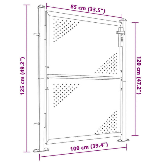Garden Gate 100x120 cm Stainless Steel with dimensions and sturdy hinges for garden security and easy installation.