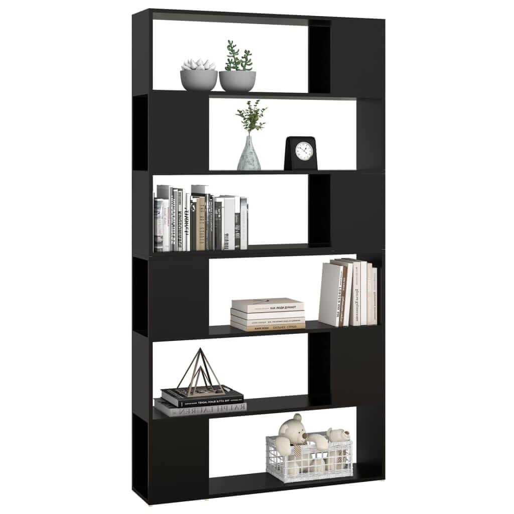 Black book cabinet room divider with open compartments and stylish decor, 100x24x188 cm size.