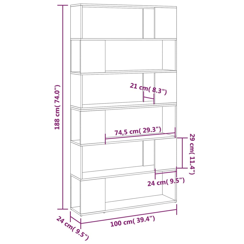 Dimensions of the black book cabinet room divider, showcasing height 188 cm, width 100 cm, and various shelf depths.