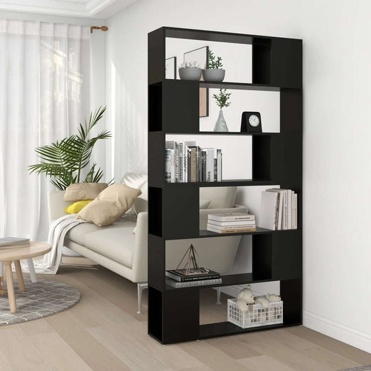 Black book cabinet room divider with spacious shelves, stylishly displayed in a modern living space.