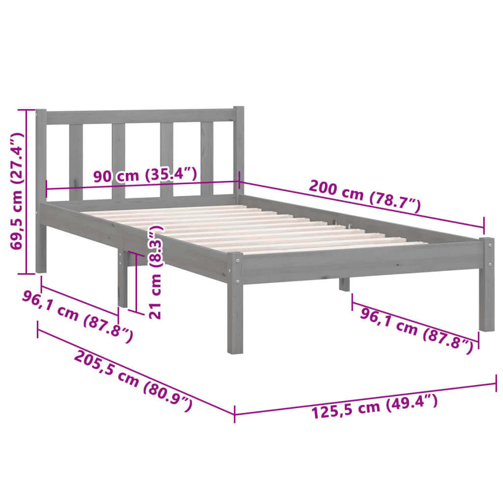 810069  Bed Frame without Mattress Grey Solid Wood 90x200 cm