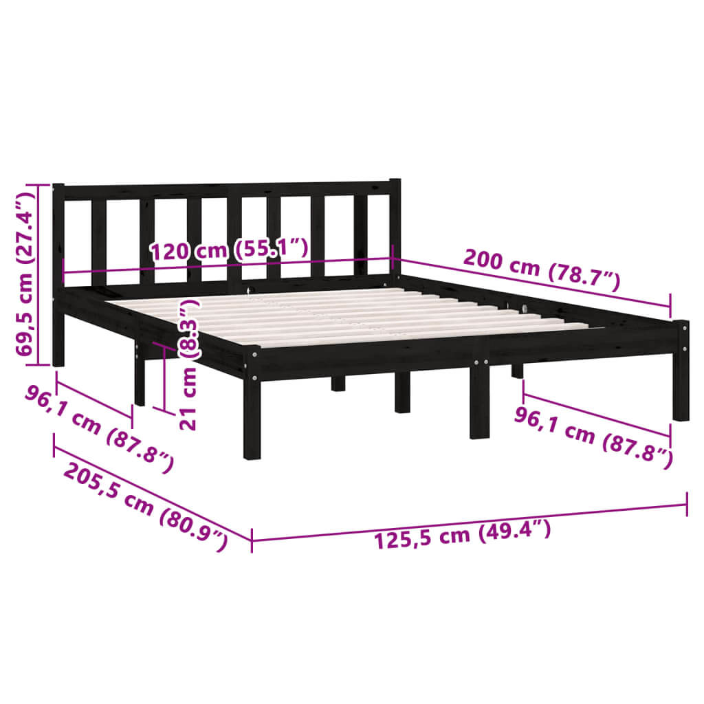 810081  Bed Frame without Mattress Black Solid Wood 120x200 cm