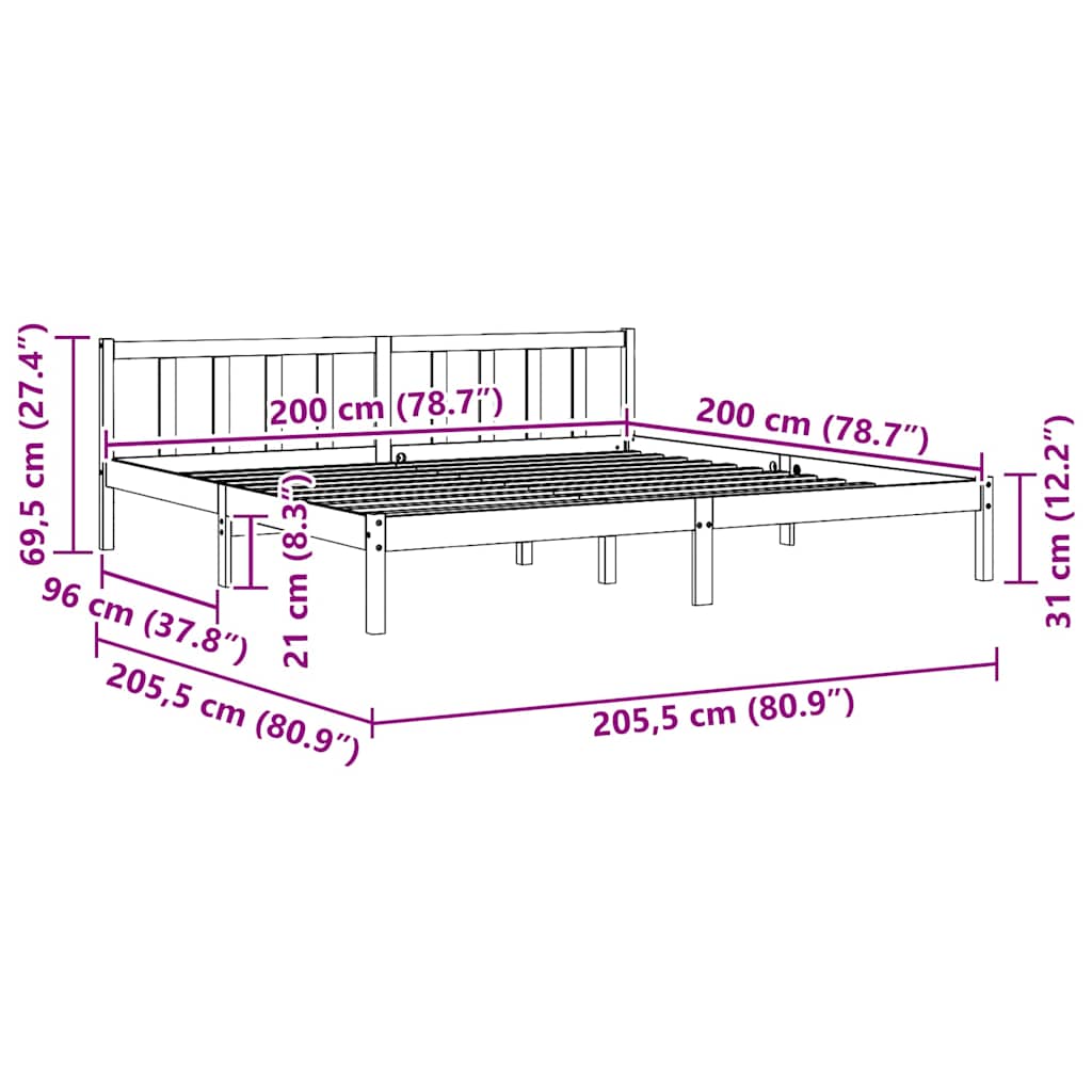 810103 Bed Frame without Mattress Solid Wood 200x200 cm dimensions and specifications illustration.