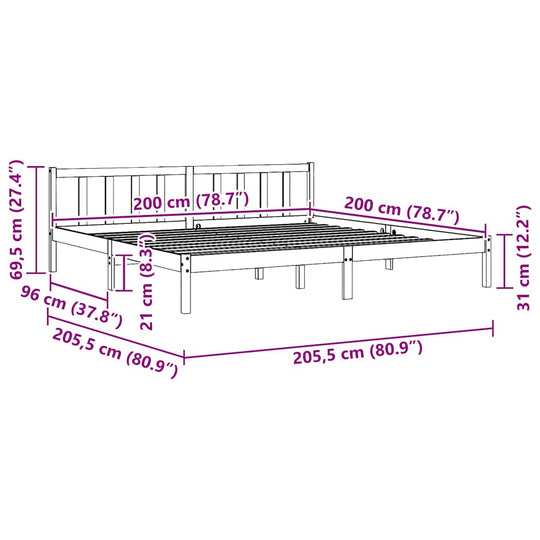 810103 Bed Frame without Mattress Solid Wood 200x200 cm dimensions and specifications illustration.