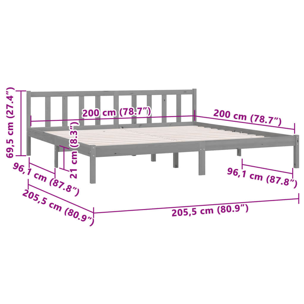 810104  Bed Frame without Mattress Grey Solid Wood 200x200 cm