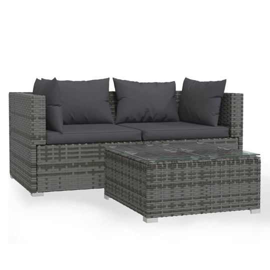 3 Piece Garden Lounge Set with Cushions Poly Rattan in gray with sturdy steel frame and waterproof wicker suitable for outdoor use.