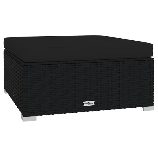 Garden Footrest with Cushion 70x70x30 cm Poly Rattan featuring black rattan design for outdoor use with sturdy steel frame and plastic chrome feet.