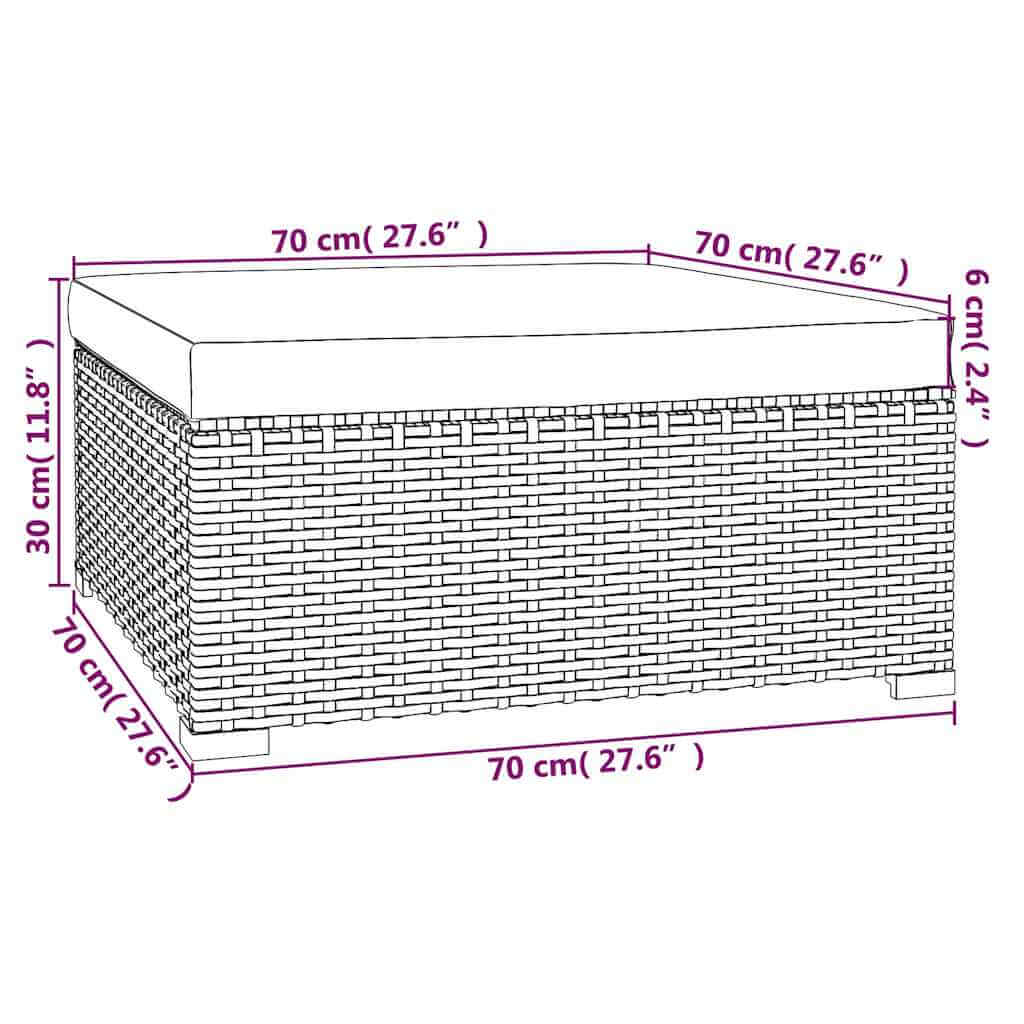 Garden Footrest with Cushion 70x70x30 cm Poly Rattan shown with dimensions in cm and inches, featuring durable design and waterproof PE rattan.