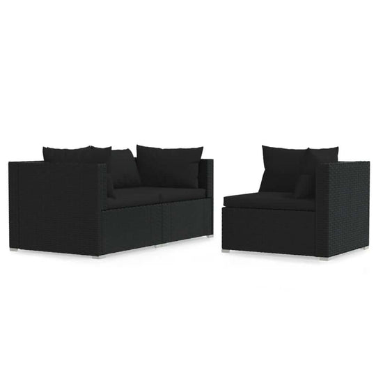 3 Piece Garden Lounge Set with Cushions Poly Rattan in black, featuring durable PE rattan and waterproof design for indoor and outdoor use.