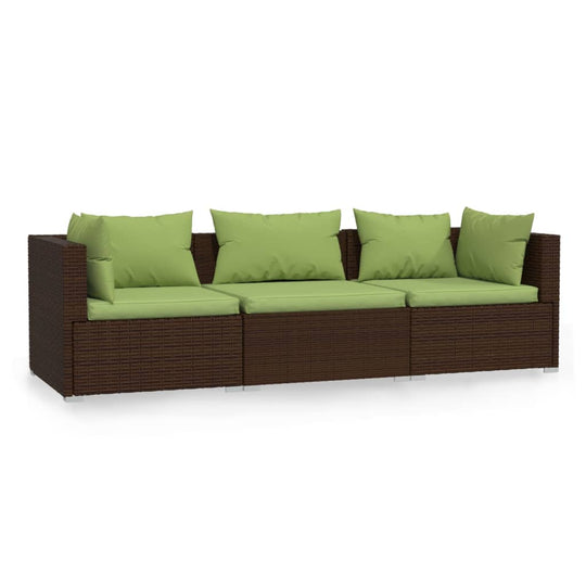 3-Seater Sofa with Cushions – Poly Rattan Outdoor Seating in brown rattan and green cushions, perfect for patio or garden relaxation.