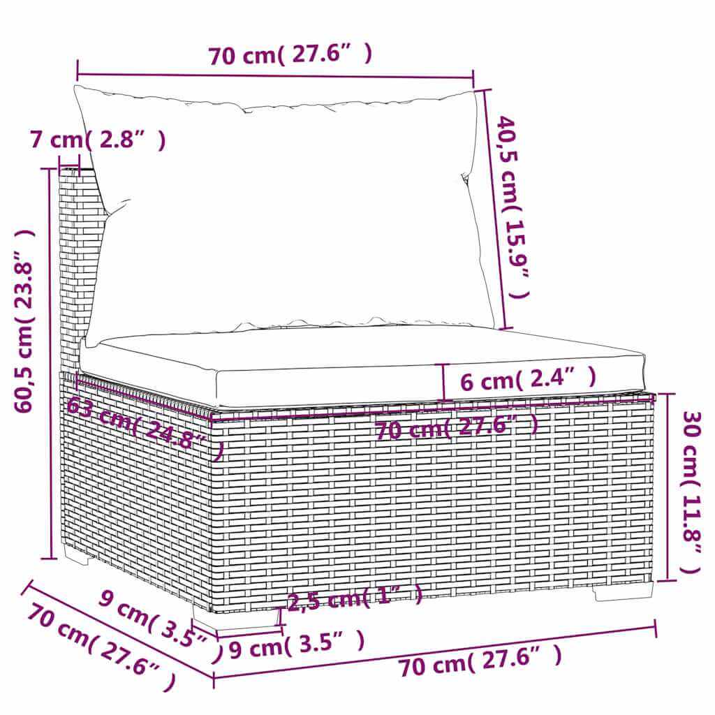 Dimensions of Garden Middle Sofa with Cushions Poly Rattan showcasing width and height measurements.