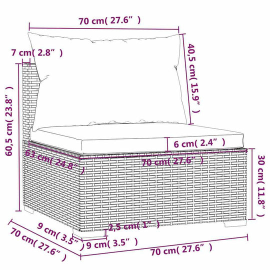 Dimensions of Garden Middle Sofa with Cushions Poly Rattan showcasing width and height measurements.