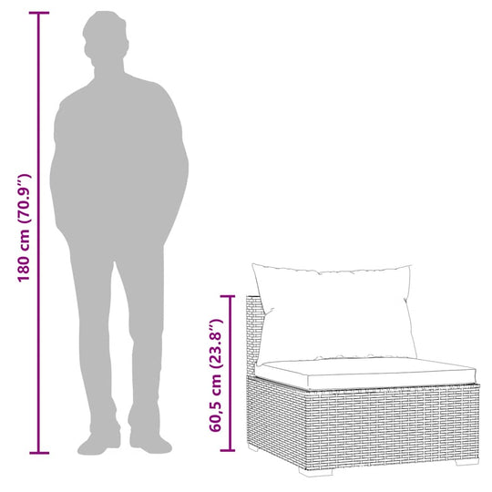 Size comparison of Garden Middle Sofa with Cushions Poly Rattan next to a 180 cm silhouette figure.